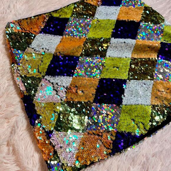 Patchwork Flip Sequin Maximalist Whimsygoth Sparkle Fairy Rave Glam Mini Skirt - Picture 2 of 4